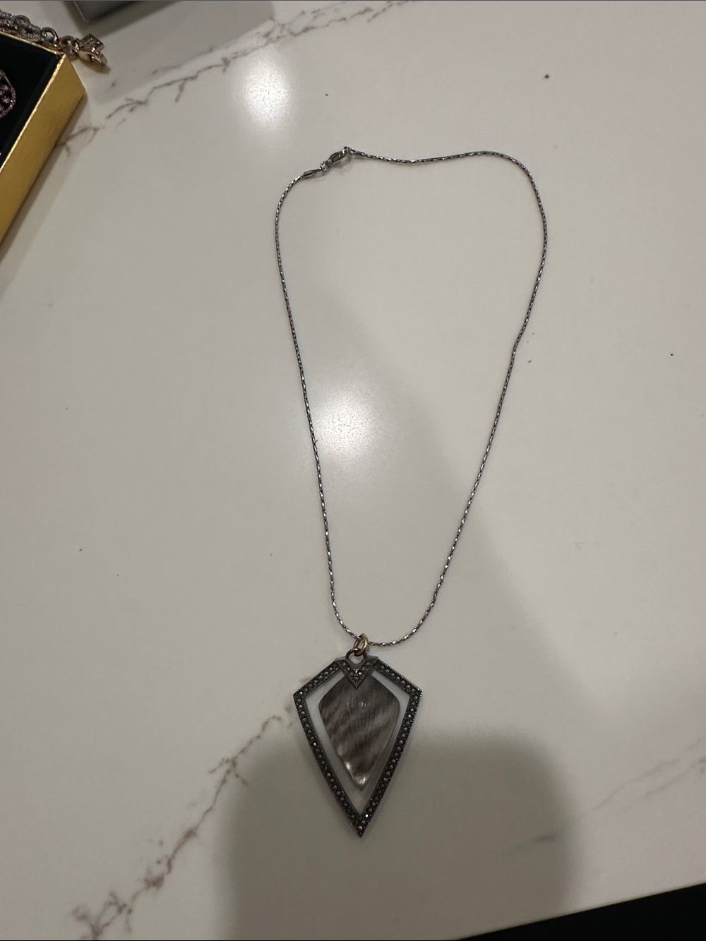 Silver-Tone Geometric Pendant Necklace with Gray Stone